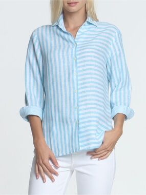 NWT Hinson Wu “Margot” Striped Relaxed Button-Down Shirt in Aqua/White Sz XS